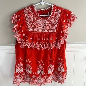 Anthropology- Feather and Bone. Orange embroidered pullover